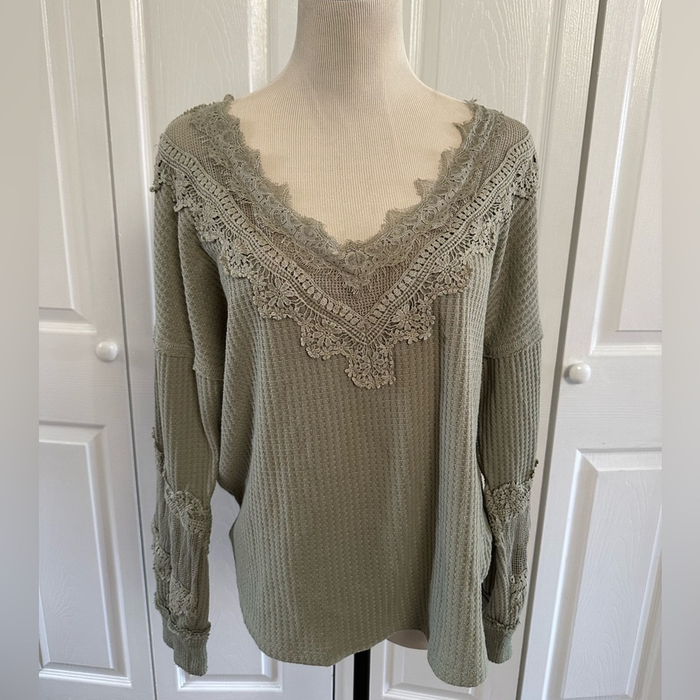 Daytrip Olive Green Crochet Trim Waffle Knit Top